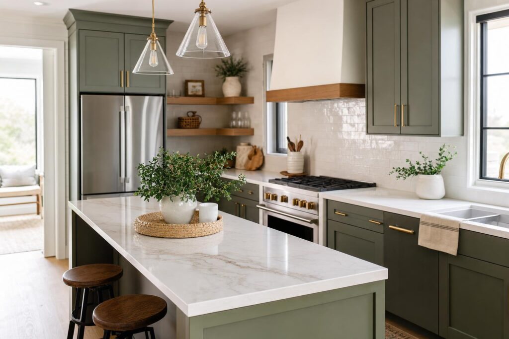 Affordable kitchen updates with refaced cabinets, new hardware, and countertop