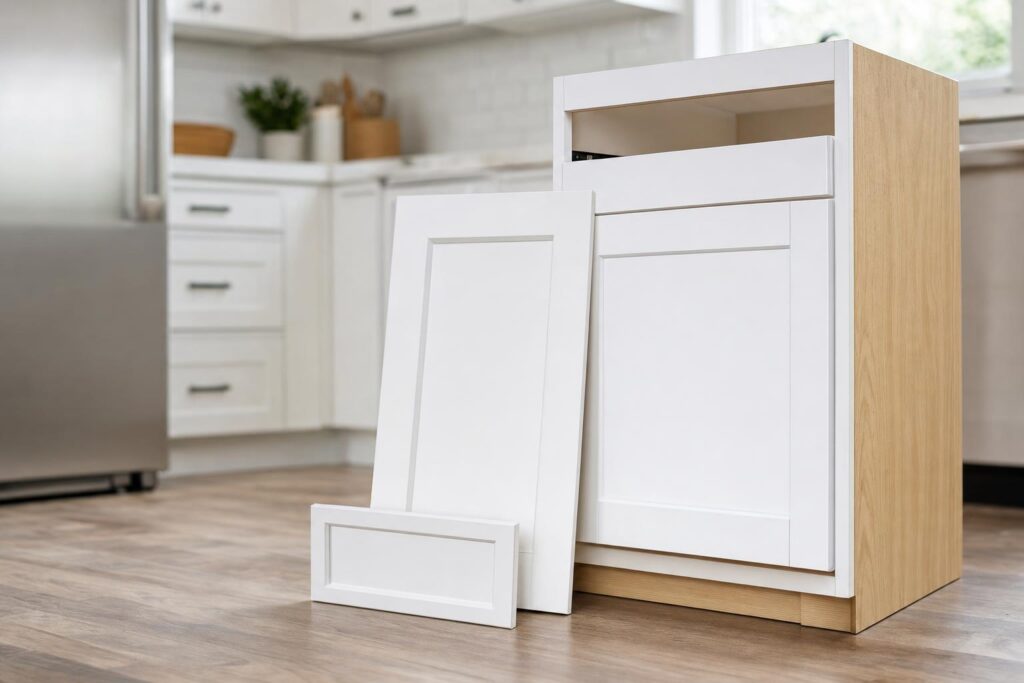 Cabinet refacing cost components including a new door, drawer front, and cabinet box