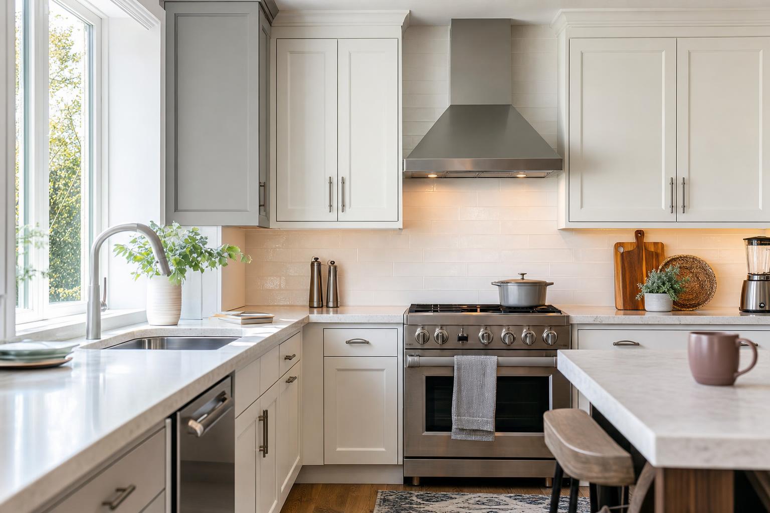 Cabinet refacing cost for a bright kitchen with updated doors and hardware