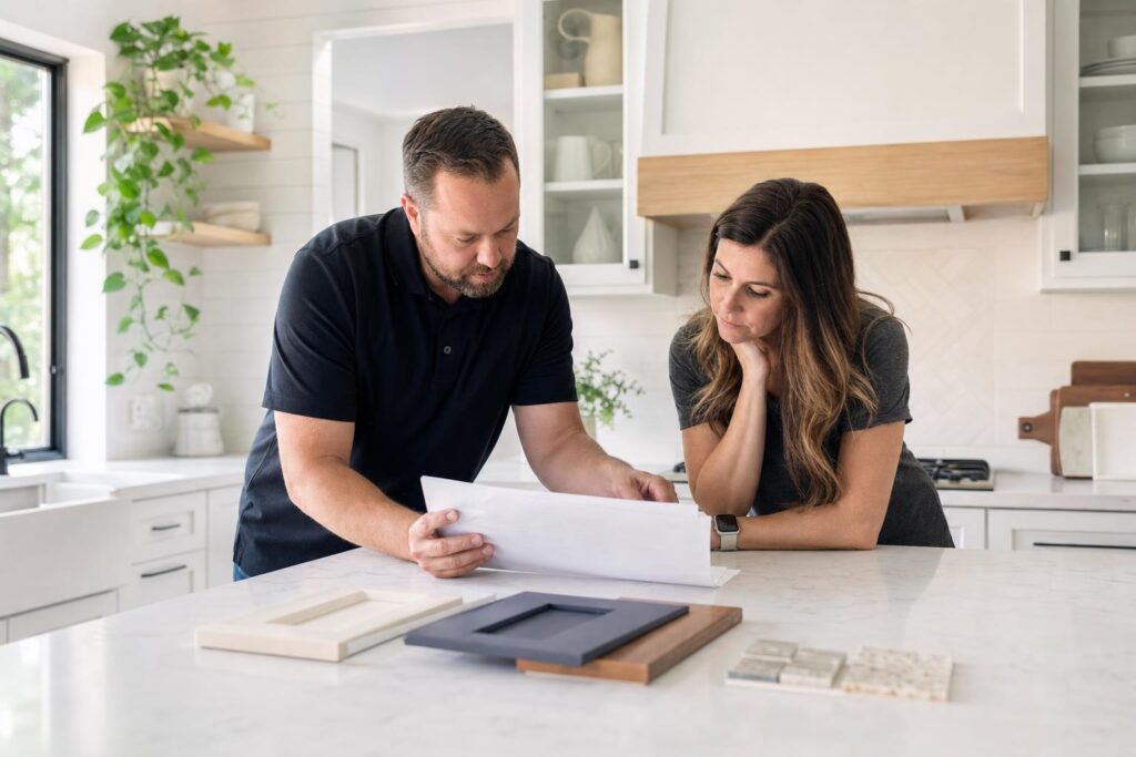Homeowner reviewing cabinet refacing prices and a written kitchen estimate