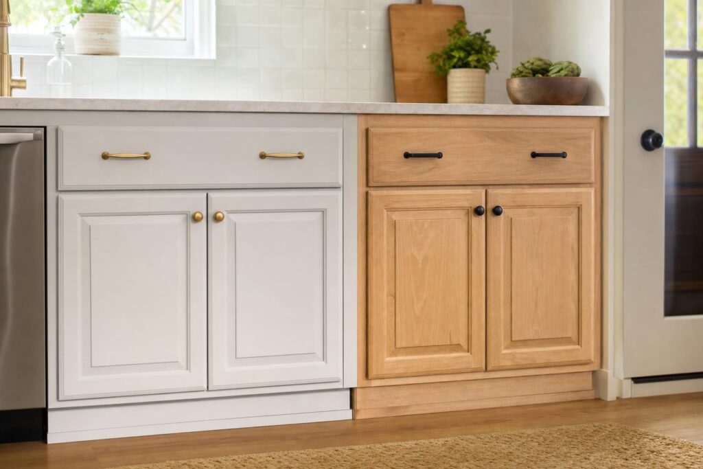 Cabinet refacing vs painting shown on side-by-side kitchen cabinet doors