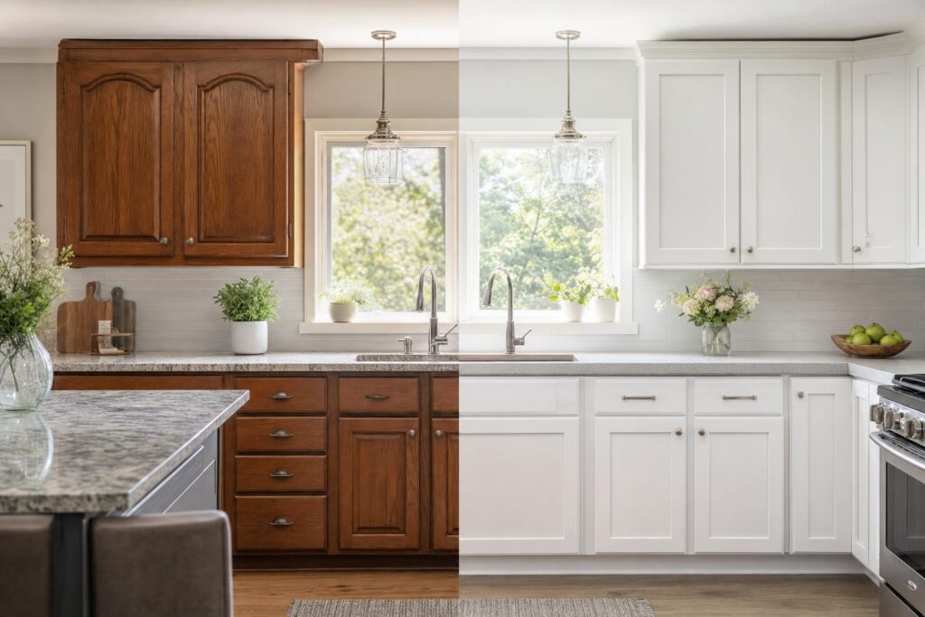 Cabinet refacing vs replacing shown in a before-and-after kitchen