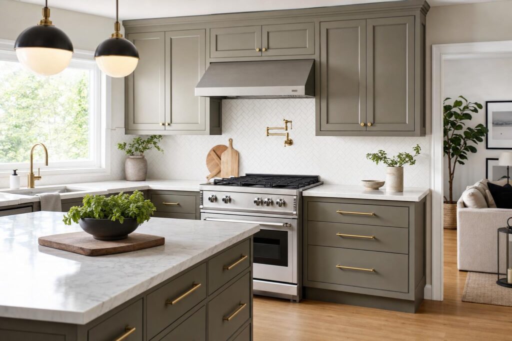 Refaced kitchen cabinets with new drawer fronts and hardware