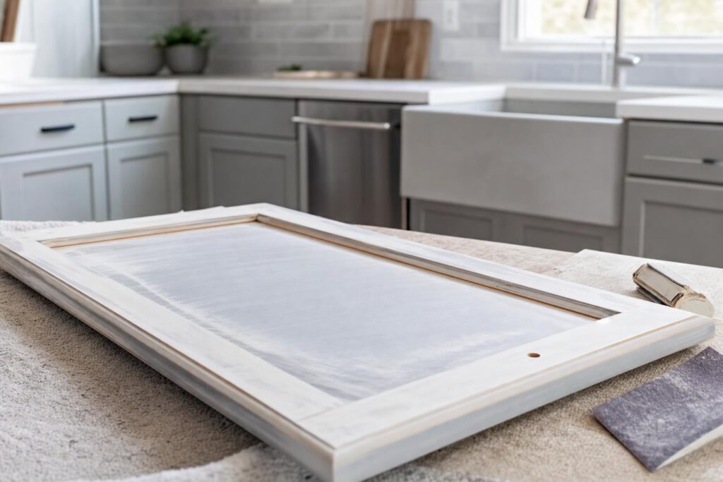 Kitchen cabinet surface prepared for refinishing