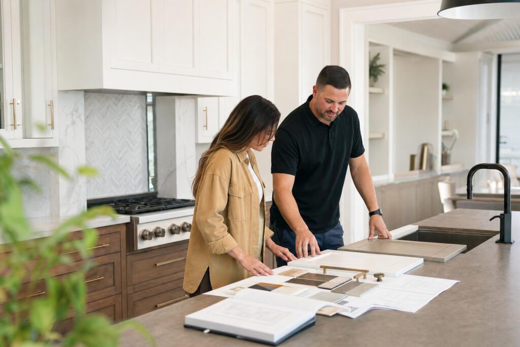 Homeowner discussing refacing contractor questions and cabinet options