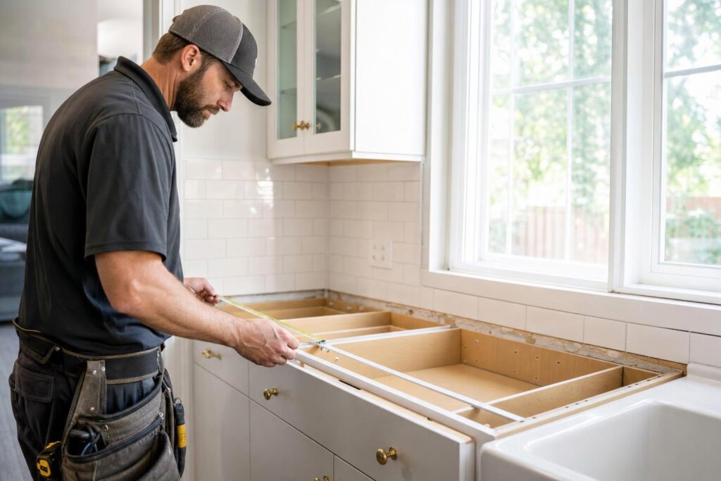 Kitchen cabinet refacing company measuring existing cabinet boxes