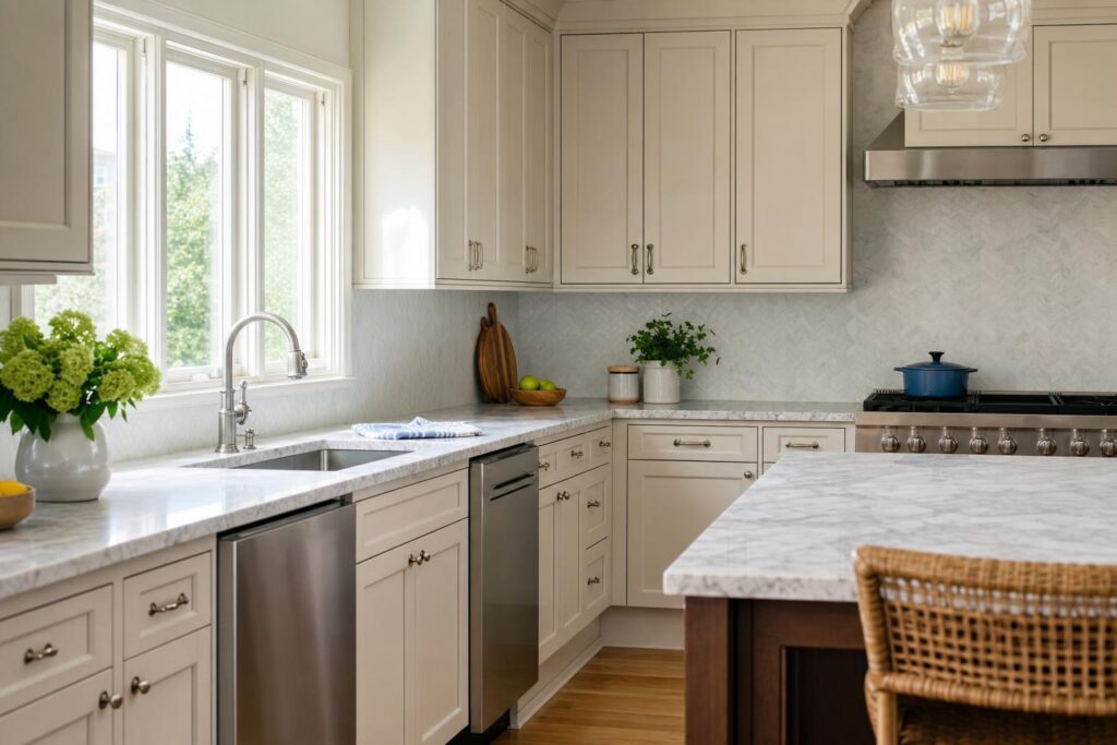 Completed kitchen cabinet refacing project with new doors and hardware