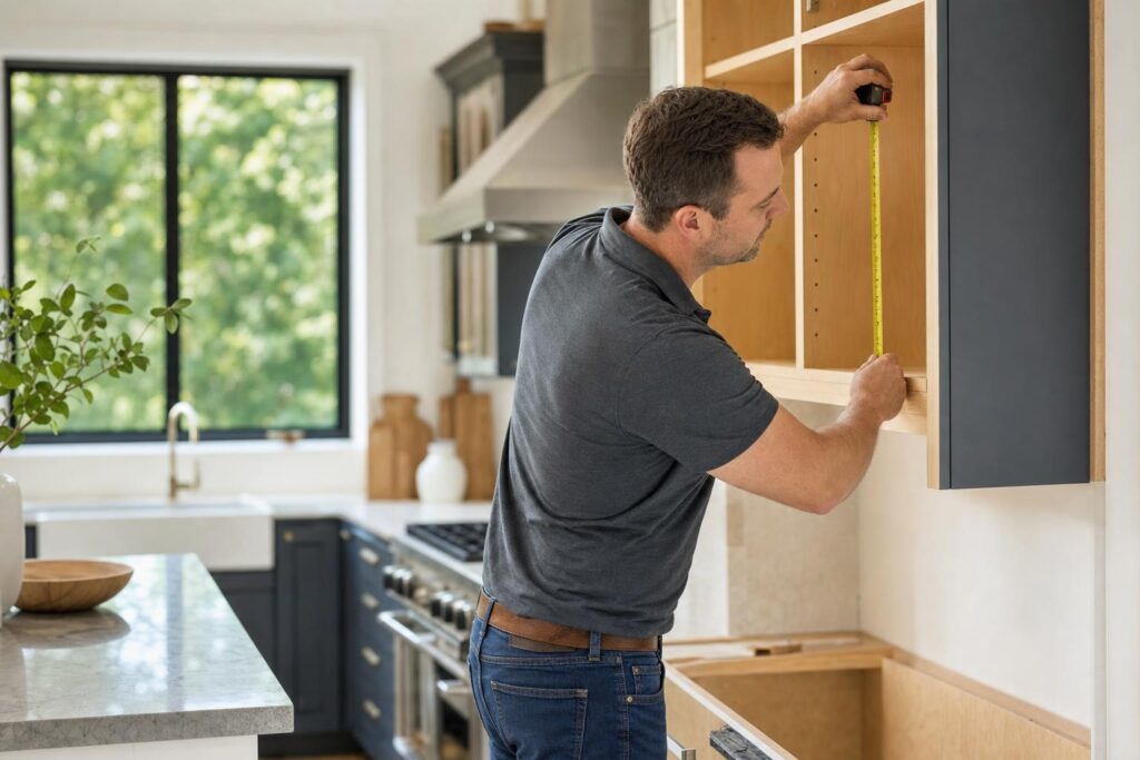 Professional measuring existing cabinets for the cost to reface kitchen cabinets