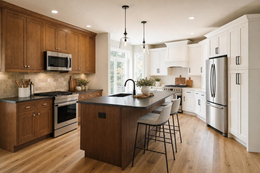 Refacing versus replacement cost comparison in a modern kitchen