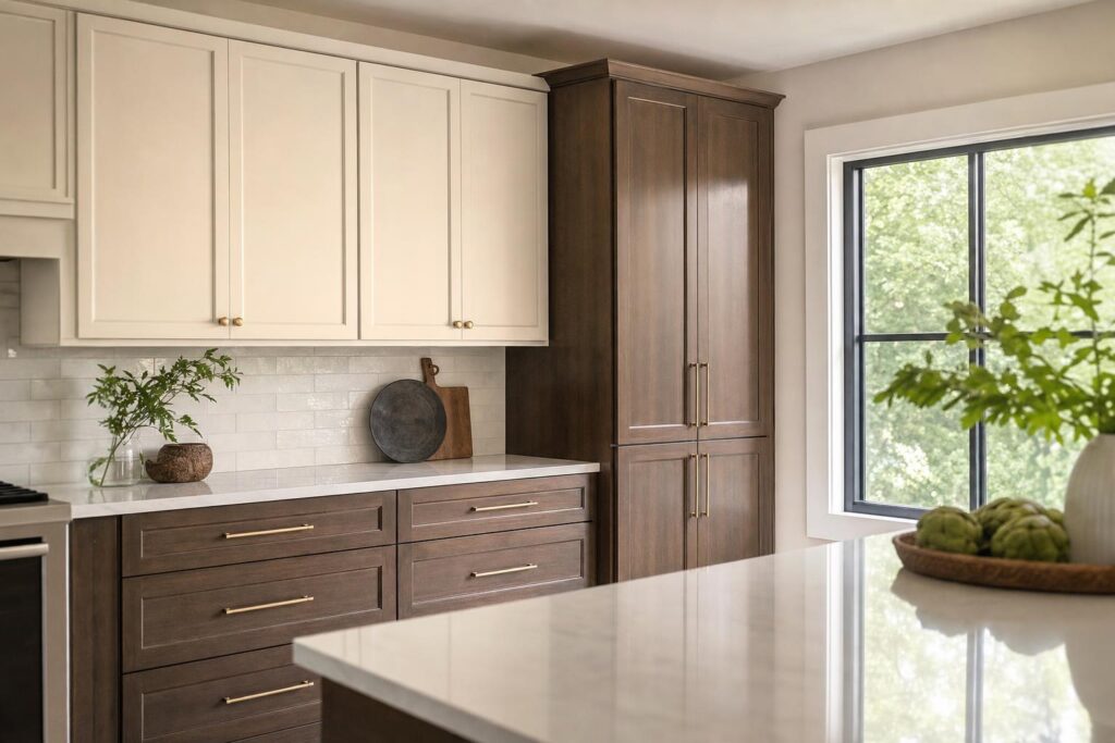 Custom cabinets during refacing add pantry storage beside existing kitchen cabinets