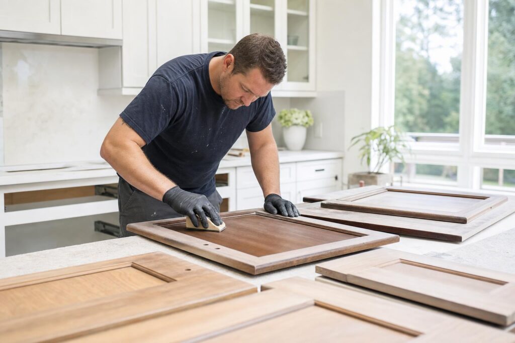 Cabinet refinishing preparation for existing kitchen doors and drawer fronts
