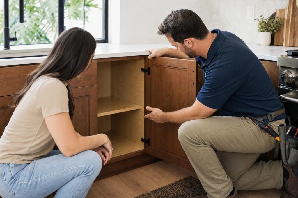 Existing cabinet boxes inspected before kitchen cabinet door replacement