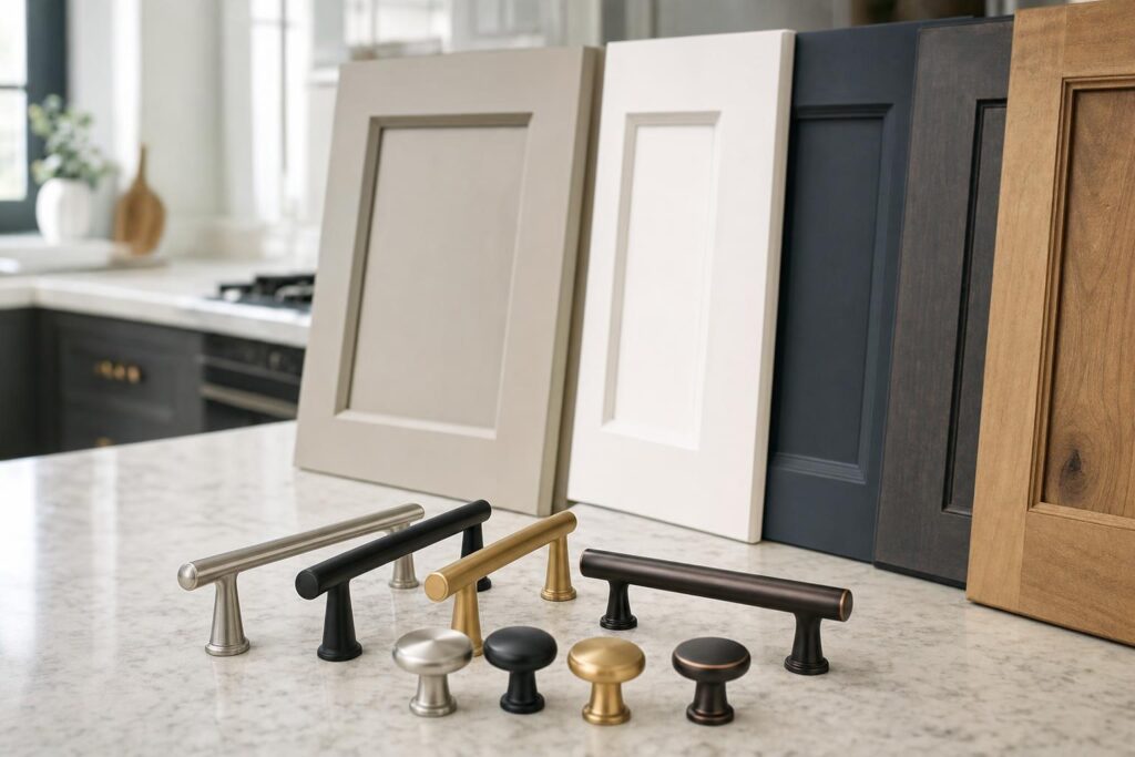 Kitchen cabinet hardware finish samples beside cabinet doors