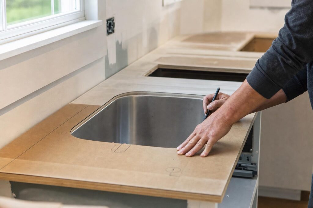 Countertop replacement measurements around a kitchen sink and appliances