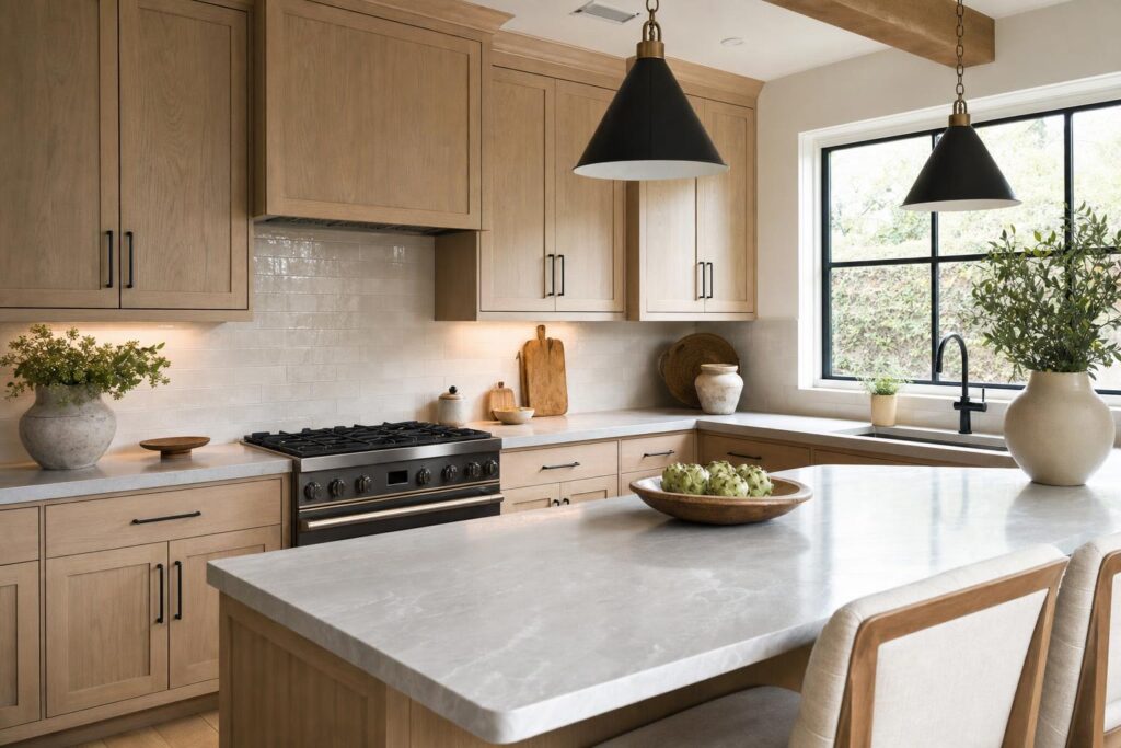 Finished cabinet and countertop renovation with coordinated hardware