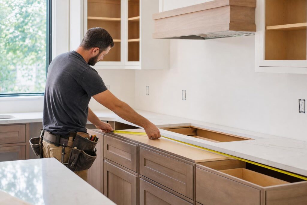 Installer measuring cabinets before new countertops with refacing