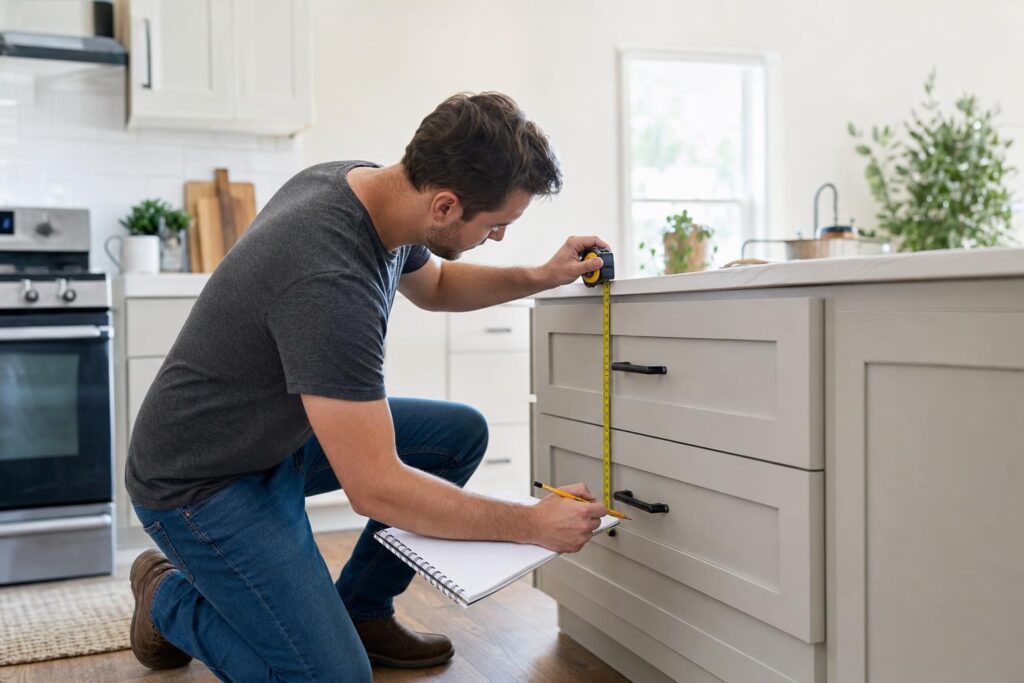 Homeowner measuring drawer fronts before ordering new drawer fronts